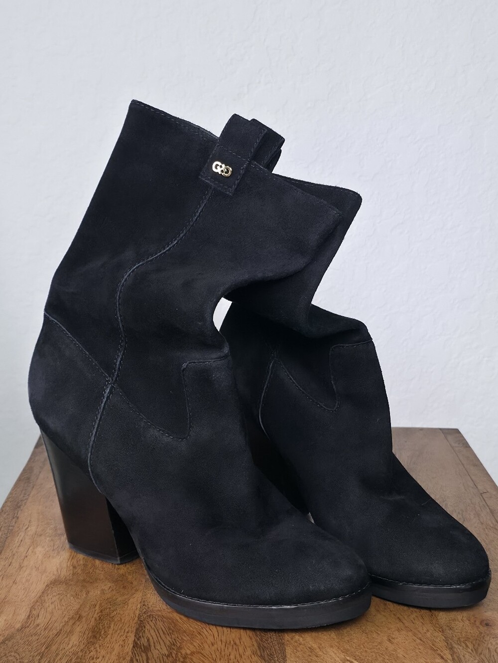 COLE HAAN Grand OS Suede Boots Booties Chunky Mid-Calf Black Size 7B Chunky Heel
